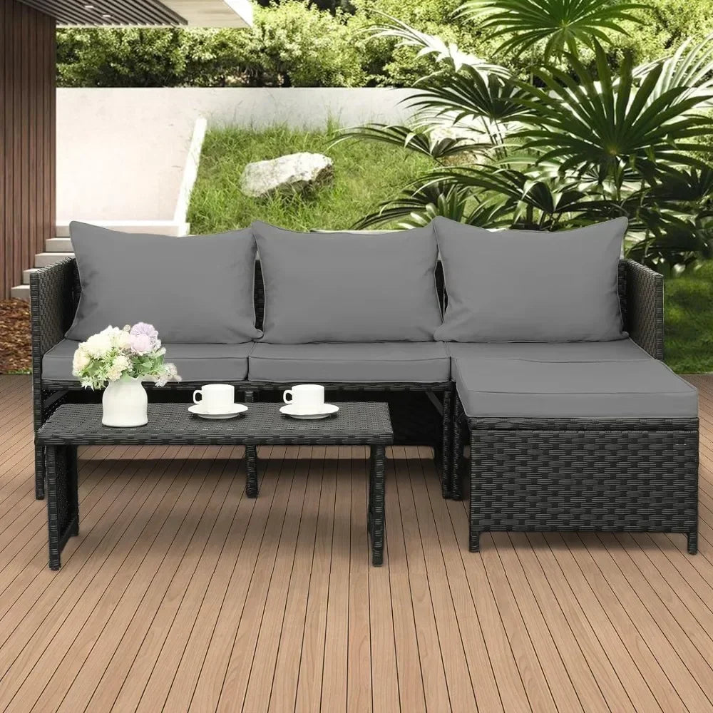 3-Piece Outdoor PE Rattan Furniture Set Patio Black Wicker Conversation Loveseat Sofa