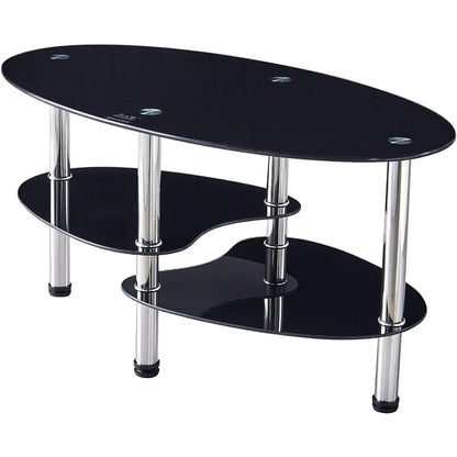 Oval-Shaped Glass Tea Table for Office, 3-Tier Modern Coffee Table