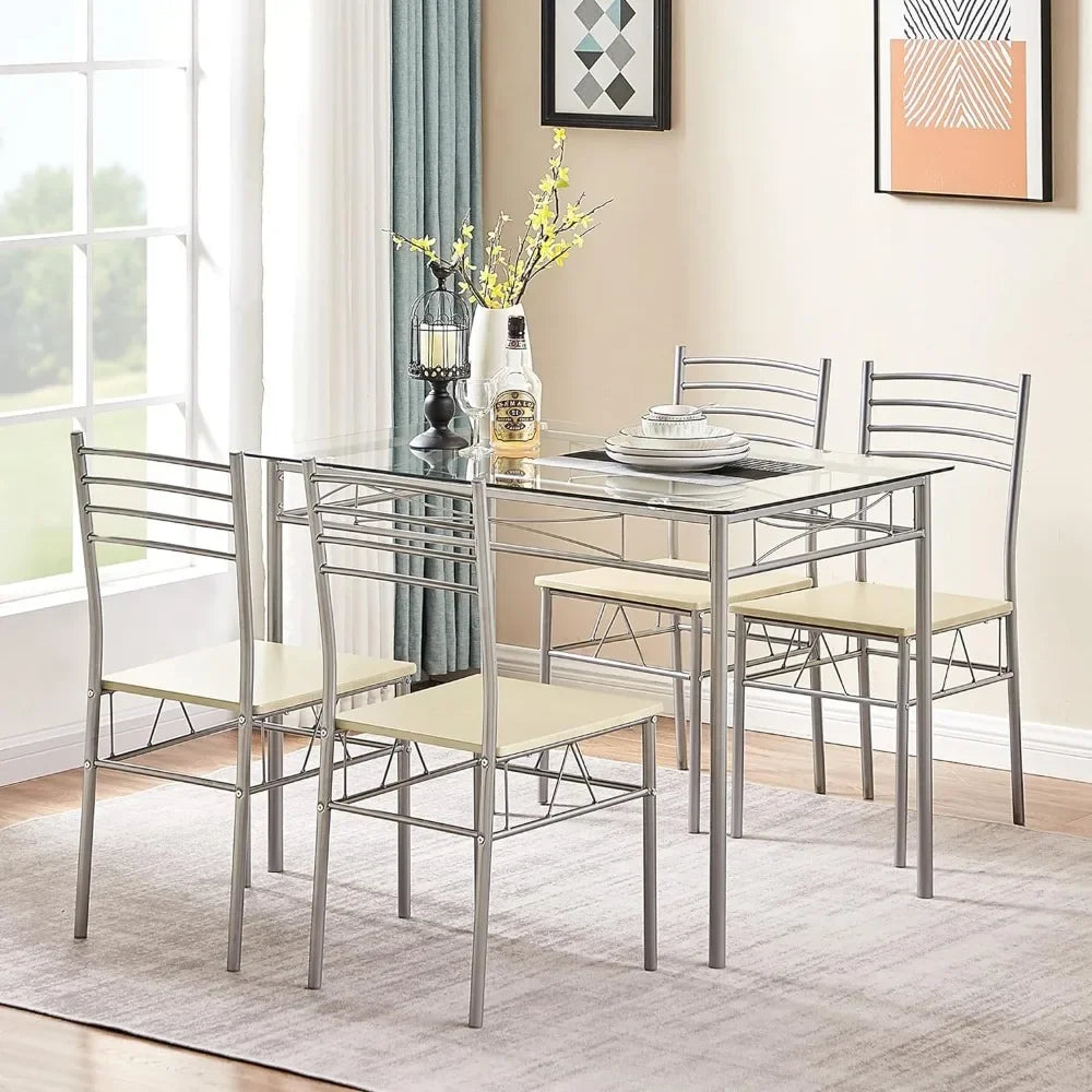 Dining Table Set of Tables and Chairs for Dining Room Glass Top Silvery Small Space Chair