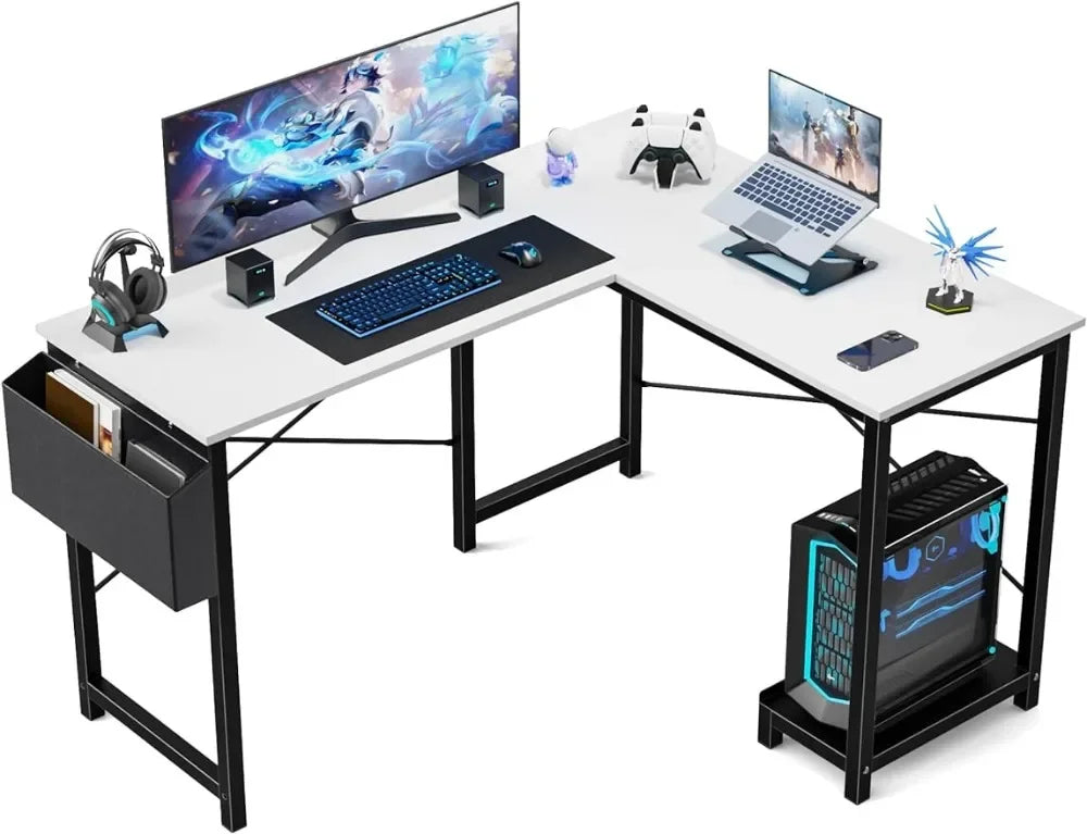 L Shaped Computer Desk Wood Corner PC Gaming Table with Side Storage Bag