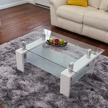 Modern Rectangle Glass Coffee Table 2-Tier Tea Table for Living Room