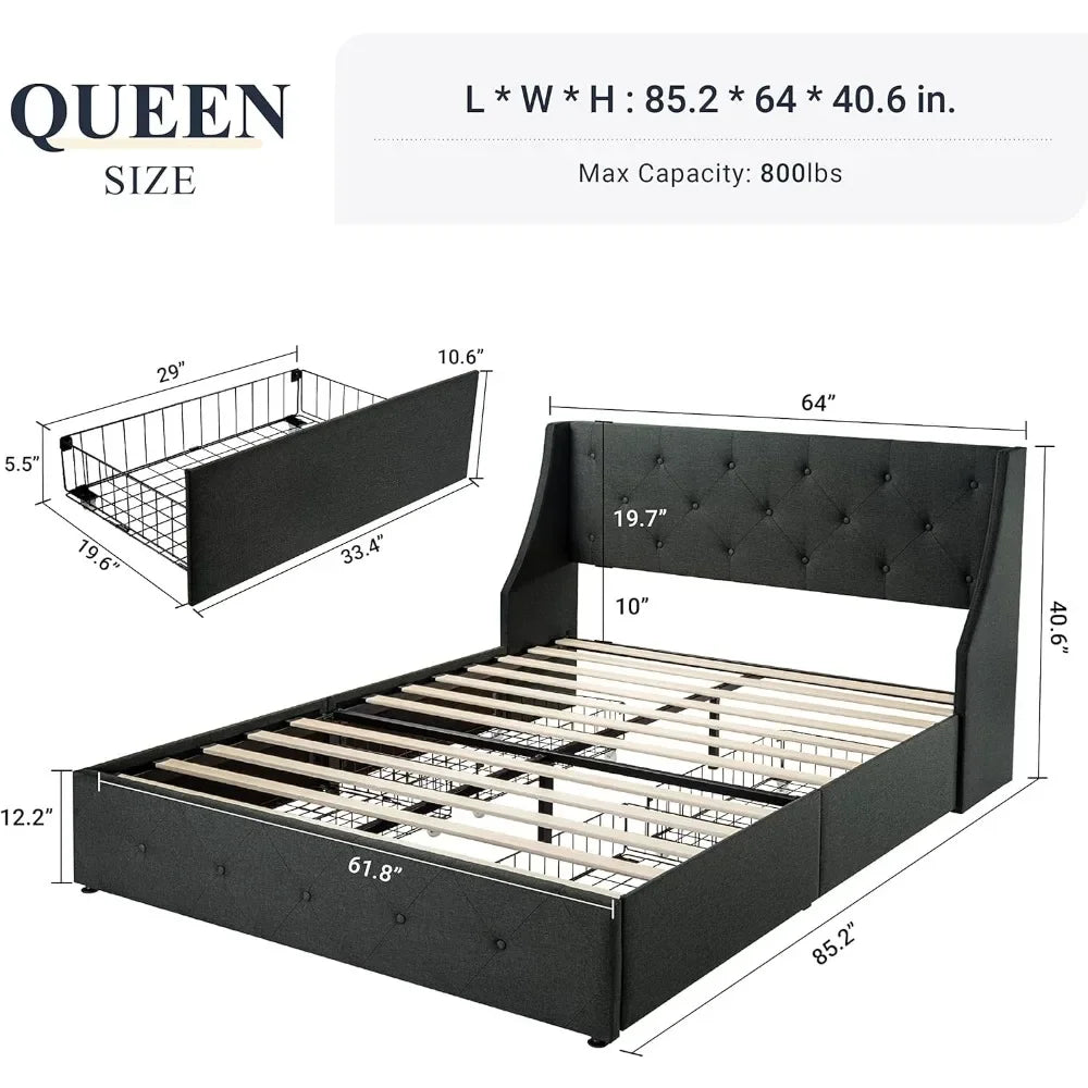 Queen-size bed frame with 4 storage drawers and wing-back headboard