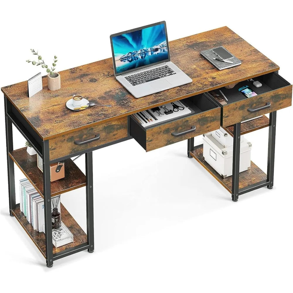 Office Small Computer Desk: Home Table with Fabric Drawers & Storage Shelves