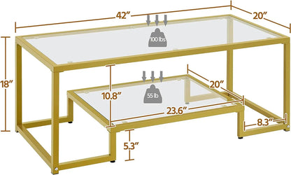 42" Rectangular Glass Coffee Table for Living Room, 2-Tier