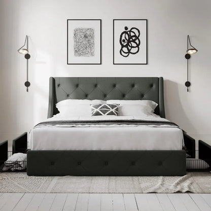 Queen-size bed frame with 4 storage drawers and wing-back headboard